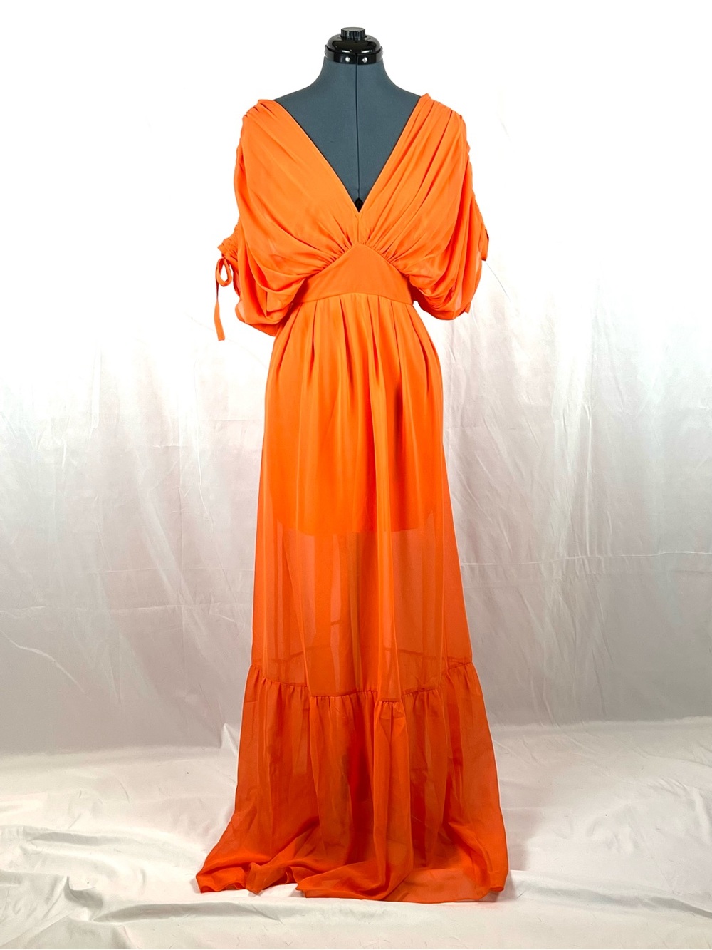 Orange v-neck Ruched Maxi Lined Resort Vacation Beach NWOT XL 181